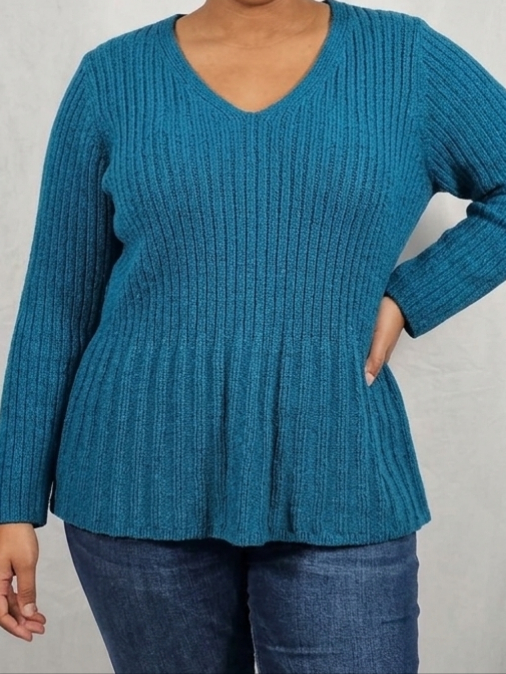 Avenue Teal Ribbed V-Neck Sweater #233